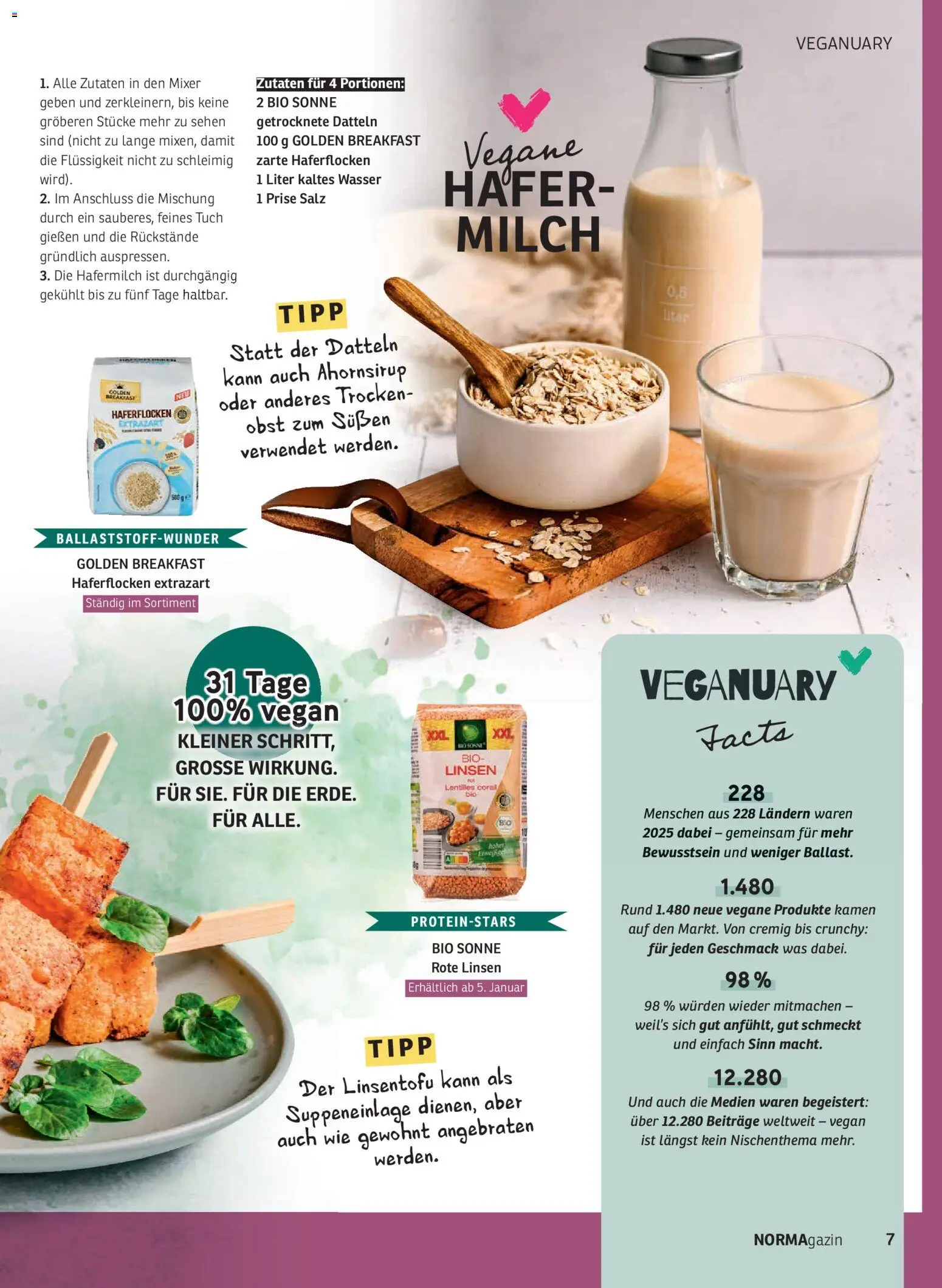 Norma NORMAgazin Januar/Februar 2026 – gültig ab 01.01.2026 | Seite: 7 | Produkte: Milch, Hafermilch, Wasser, Obst