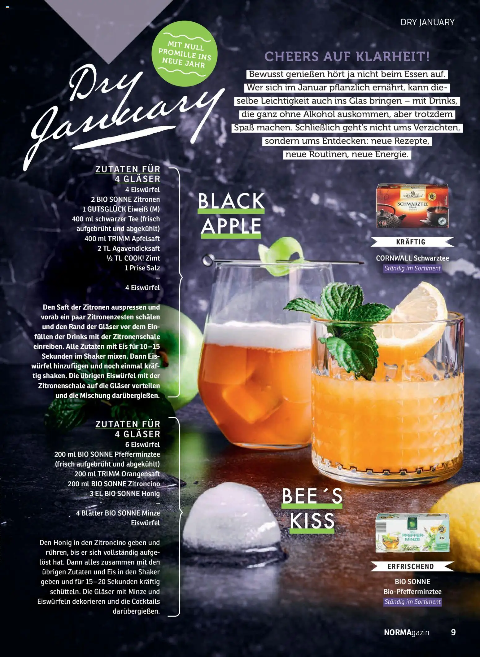 Norma NORMAgazin Januar/Februar 2026 – gültig ab 01.01.2026 | Seite: 9 | Produkte: Apfelsaft, Salz, Tee, Zitronen