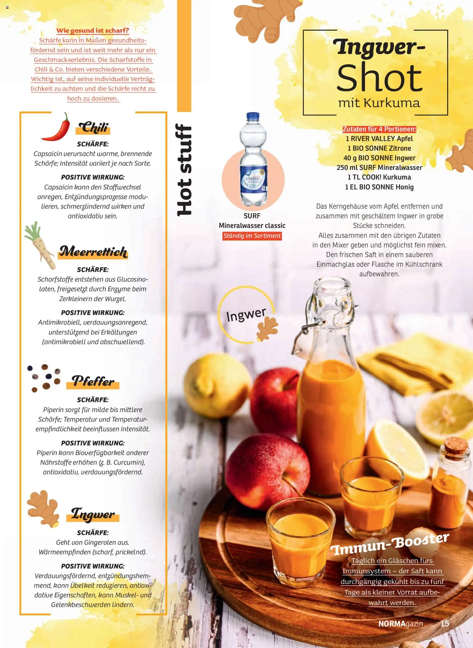 Norma NORMAgazin Januar/Februar 2026 – gültig ab 01.01.2026 | Seite: 15 | Produkte: Mineralwasser, Pfeffer, Zitrone, Chili
