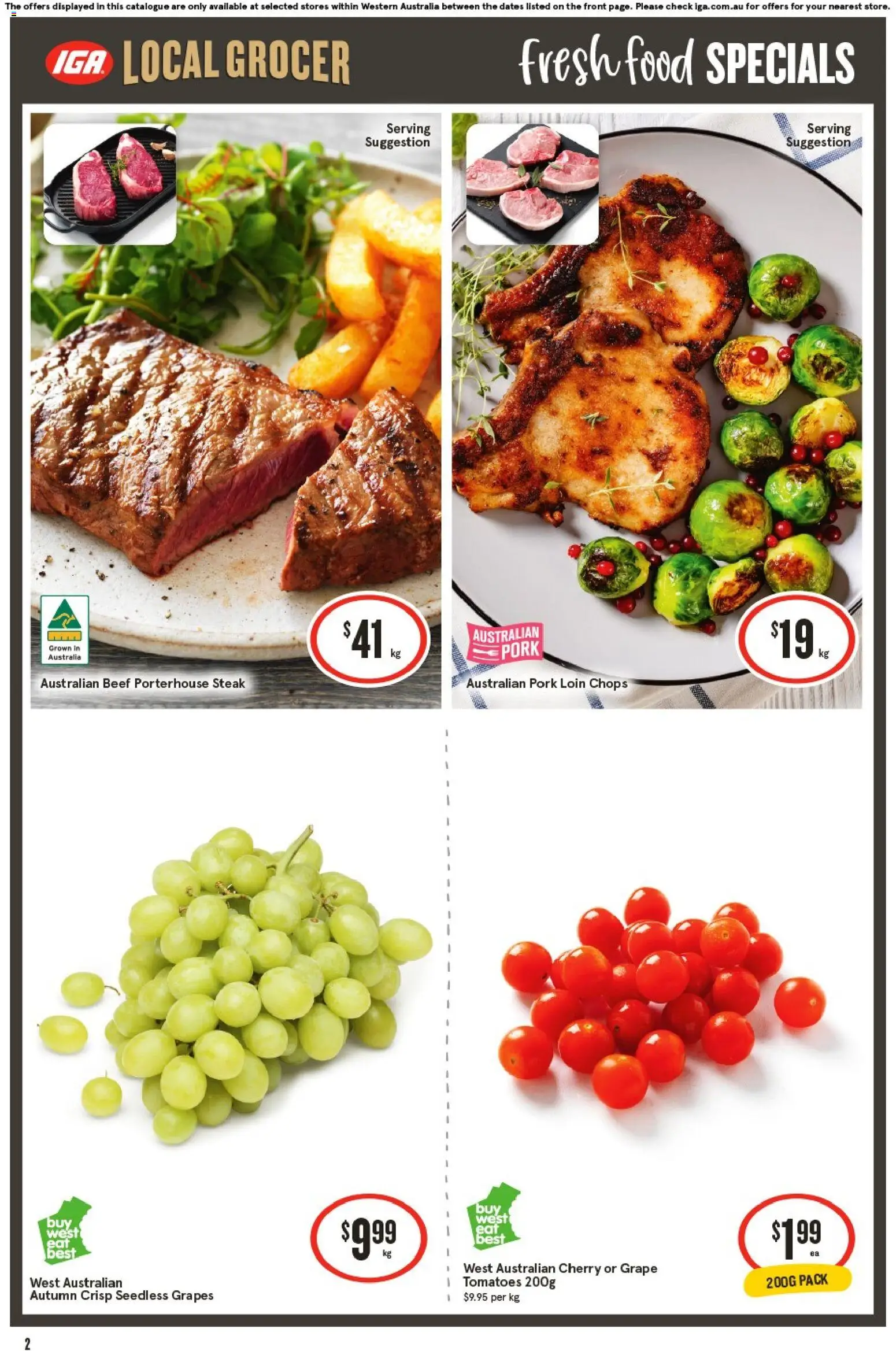 IGA catalogue - valid from 18.02.2026 | Page: 3 | Products: Pork, Tomatoes, Beef, Grapes