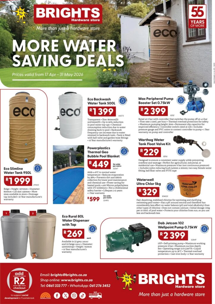 Brights Hardware More Water Saving Deals: Special This Week from 17 April 2026