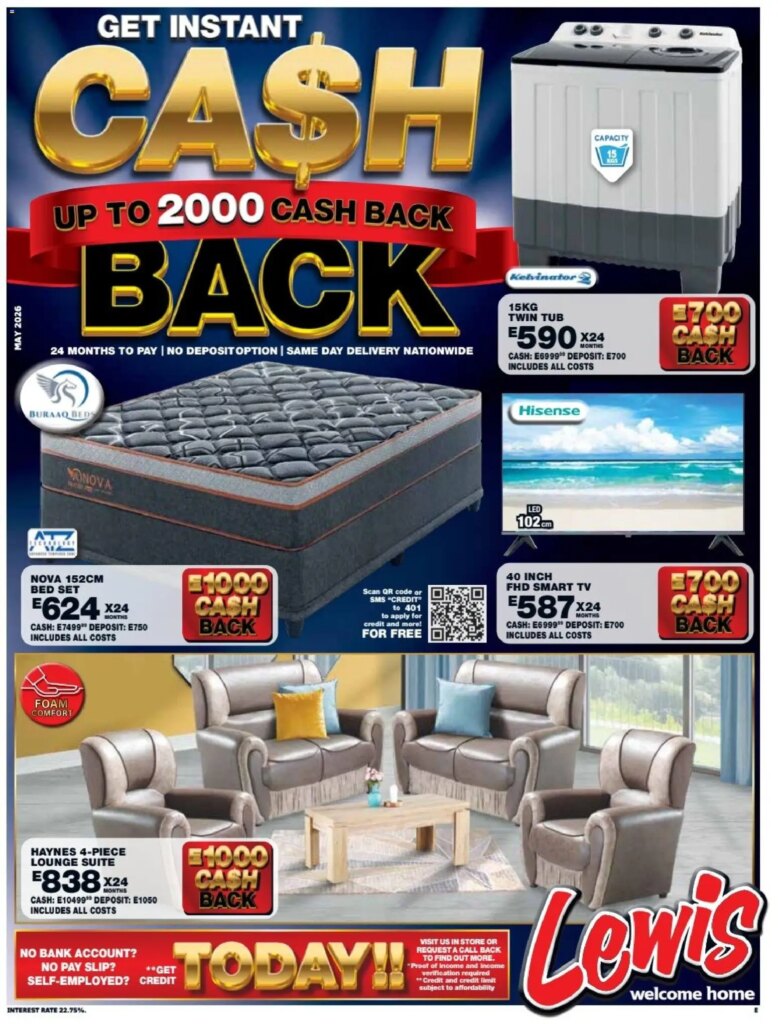Great Deals in the Lewis Stores Eswatini Cash Back Brochure: 11 May 2026 Special This Week!